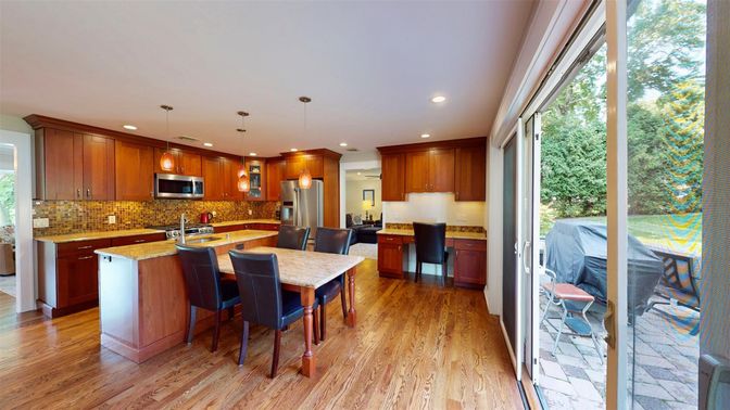 Dining room, Interior, Kitchen, Pendant Lights, Recessed Lighting, Stainless Steel Appliances, Wood Texture Flooring