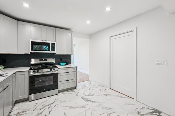 Interior, Kitchen, Marble, Recessed Lighting, Stainless Steel Appliances