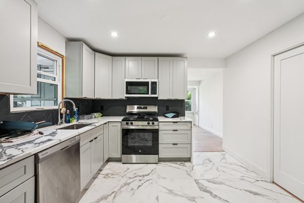Interior, Kitchen, Marble, Recessed Lighting, Stainless Steel Appliances