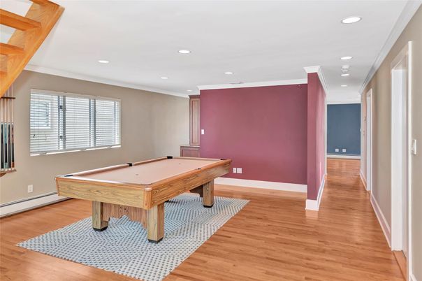 Billiard Table, Game Room, Interior, Recessed Lighting, Wood Texture Flooring