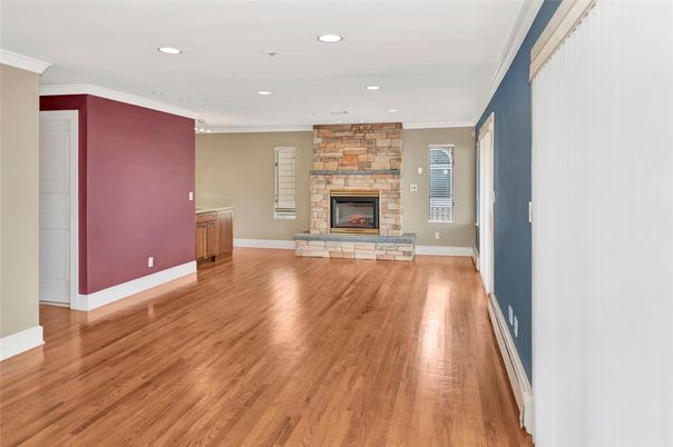 Empty room, Fireplace, Interior, Recessed Lighting, Wood Texture Flooring