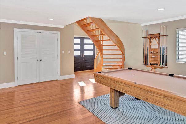 Billiard Table, Game Room, Interior, Recessed Lighting, Wood Texture Flooring