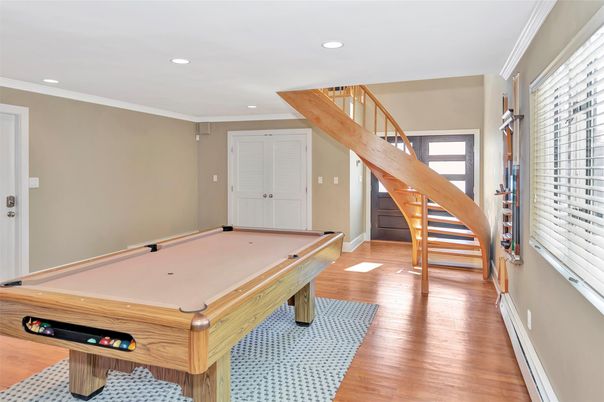 Billiard Table, Game Room, Interior, Recessed Lighting, Wood Texture Flooring
