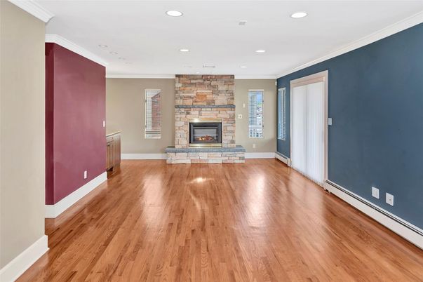 Empty room, Fireplace, Interior, Recessed Lighting, Wood Texture Flooring