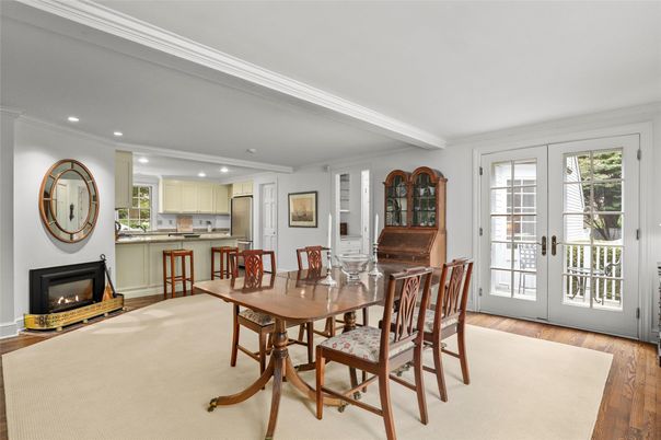 Dining room, Fireplace, Interior, Kitchen, Recessed Lighting, Wood Texture Flooring