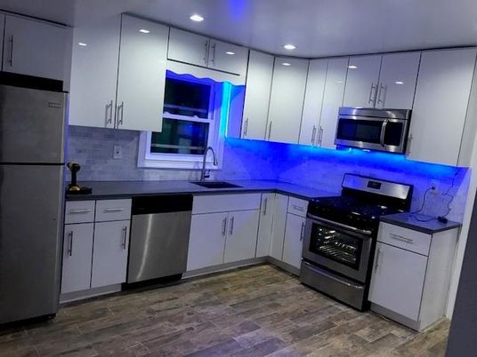 Interior, Kitchen, Recessed Lighting, Stainless Steel Appliances, Wood Texture Flooring