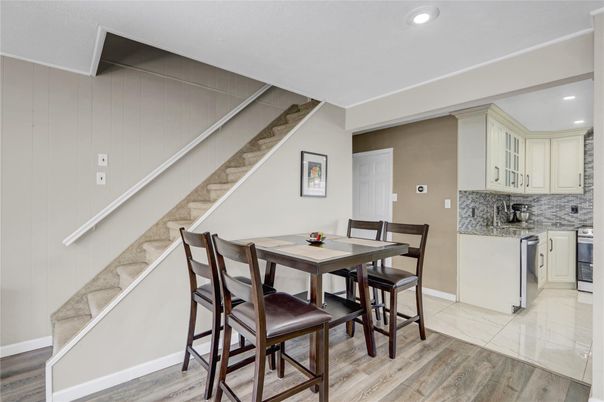 Dining room, Interior, Recessed Lighting, Wood Texture Flooring