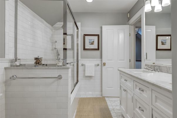 Bathroom, Dual Sink Vanities, Glass Shower, Interior, Marble, Recessed Lighting
