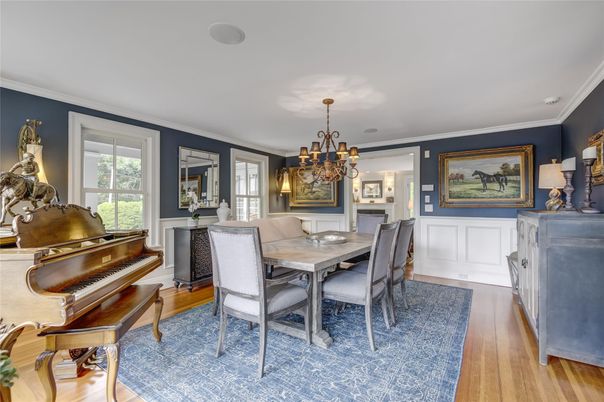 Chandelier, Dining room, Fireplace, Interior, Piano, Wood Texture Flooring