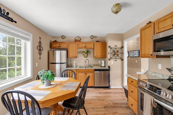 Dining room, Interior, Kitchen, Stainless Steel Appliances, Wood Texture Flooring