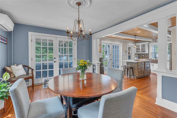 Chandelier, Dining room, Interior, Kitchen, Pendant Lights, Wooden Ceilings, Wood Texture Flooring