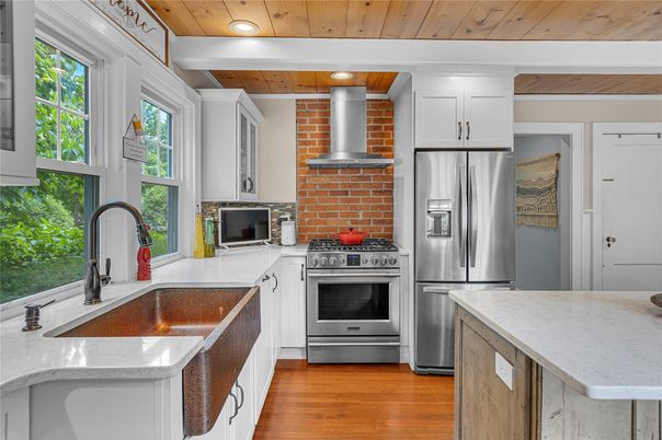 Interior, Kitchen, Recessed Lighting, Stainless Steel Appliances, Wooden Ceilings, Wood Texture Flooring