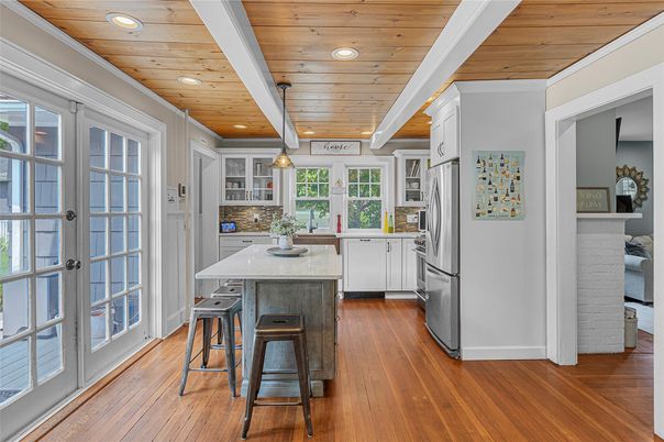 Interior, Kitchen, Pendant Lights, Recessed Lighting, Wooden Ceilings, Wood Texture Flooring