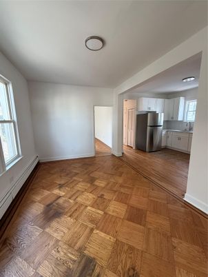 Empty room, Interior, Kitchen, Stainless Steel Appliances, Wood Texture Flooring