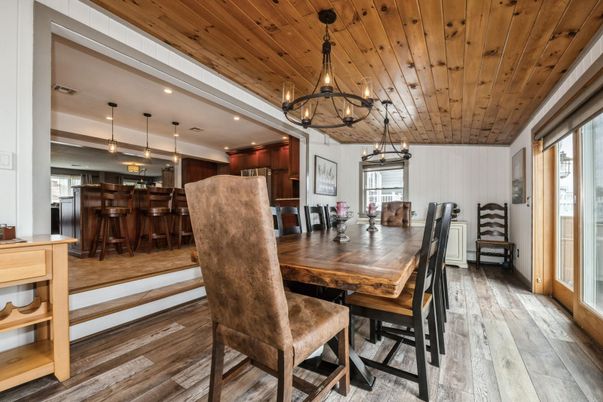 Chandelier, Dining room, Interior, Kitchen, Pendant Lights, Recessed Lighting, Wooden Ceilings, Wood Texture Flooring