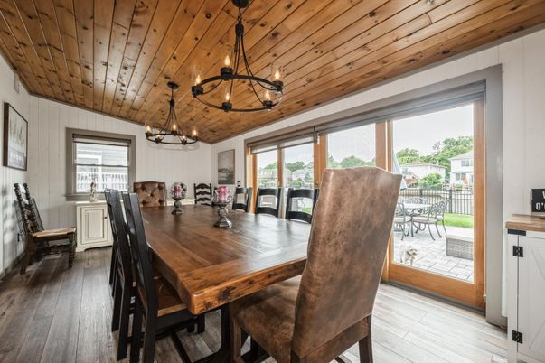 Chandelier, Dining room, Interior, Pendant Lights, Wooden Ceilings, Wood Texture Flooring