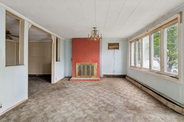Chandelier, Empty room, Fireplace, Interior, Stone Walls