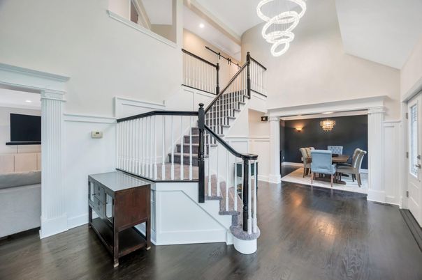 Chandelier, Dining room, Interior, Pendant Lights, Recessed Lighting, Wood Texture Flooring