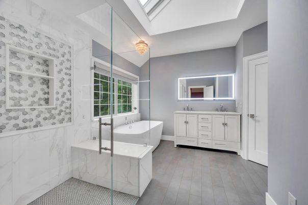 Bathroom, Free Standing Baths, Glass Shower, Interior, Marble Walls, Wood Texture Flooring