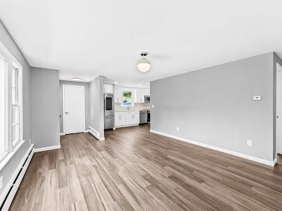 Empty room, Interior, Kitchen, Stainless Steel Appliances, Wood Texture Flooring