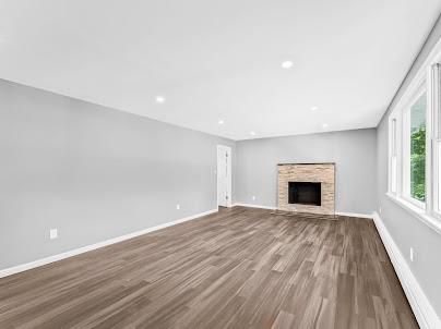 Empty room, Fireplace, Interior, Recessed Lighting, Wood Texture Flooring