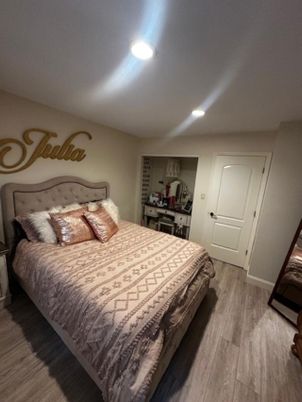 Bedroom, Interior, Recessed Lighting, Wood Texture Flooring