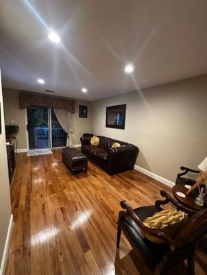 Fireplace, Interior, Living room, Recessed Lighting, Wood Texture Flooring