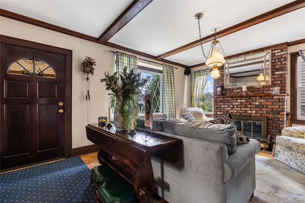 Fireplace, Interior, Living room, Pendant Lights, Wooden Beams