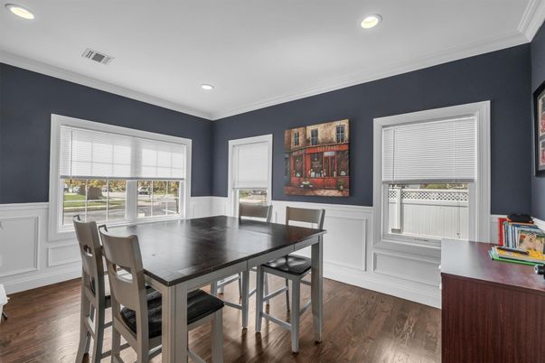 Dining room, Interior, Recessed Lighting, Wood Texture Flooring