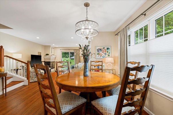 Chandelier, Dining room, Interior, Pendant Lights, Recessed Lighting, Wood Texture Flooring