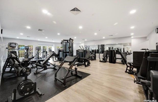 Fitness Equipment, Gym, Interior, Recessed Lighting, Wood Texture Flooring