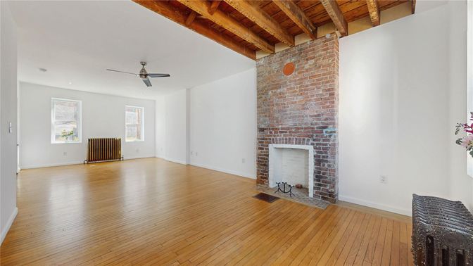 Empty room, Fireplace, Interior, Stone Walls, Wooden Beams, Wooden Ceilings, Wood Texture Flooring