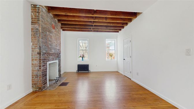 Empty room, Fireplace, Interior, Wooden Beams, Wood Texture Flooring