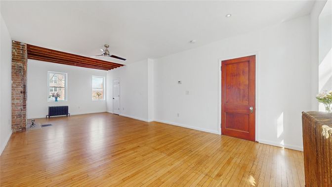 Empty room, Interior, Recessed Lighting, Stone Walls, Wood Texture Flooring