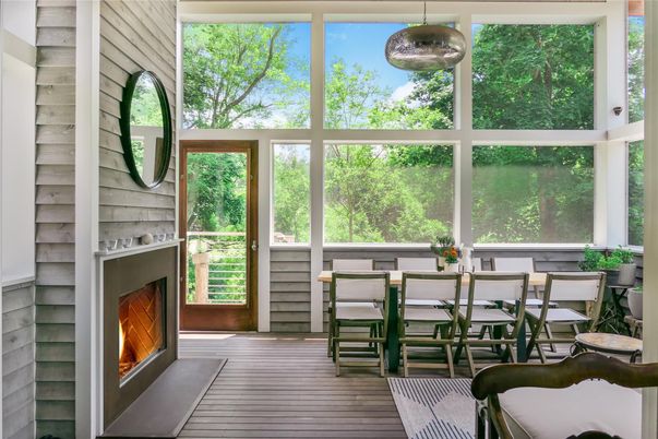 Dining room, Fireplace, Interior, Pendant Lights, Wood Texture Flooring
