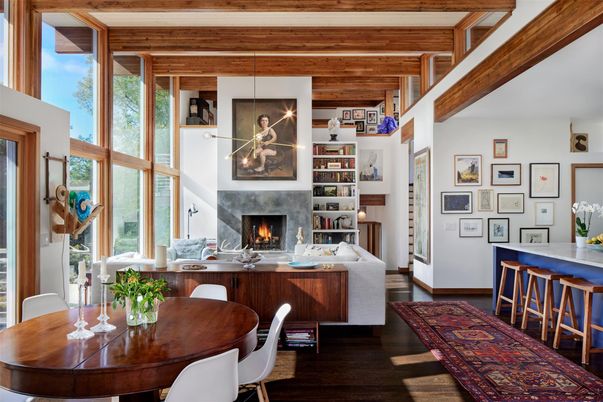 Dining room, Fireplace, Interior, Pendant Lights, Wooden Beams, Wood Texture Flooring