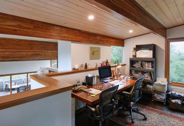 Home Office, Interior, Recessed Lighting, Wooden Beams, Wooden Ceilings, Wood Texture Flooring