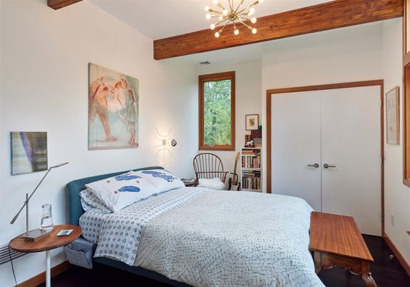 Bedroom, Interior, Pendant Lights, Wooden Beams, Wood Texture Flooring