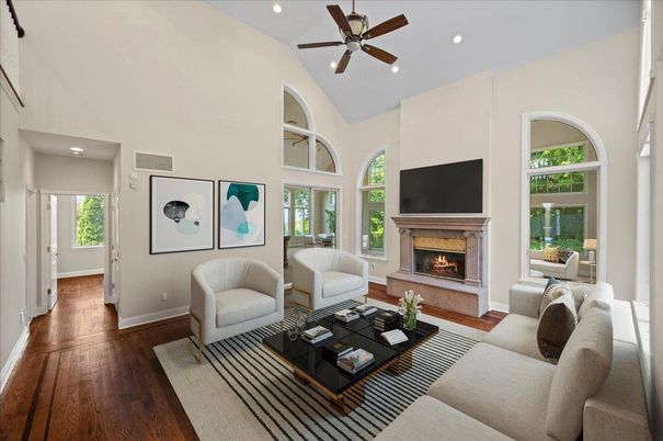 Fireplace, Interior, Living room, Recessed Lighting, Wood Texture Flooring