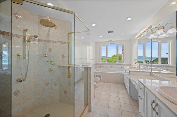Bathroom, Dual Sink Vanities, Glass Shower, Interior, Recessed Lighting, Water
