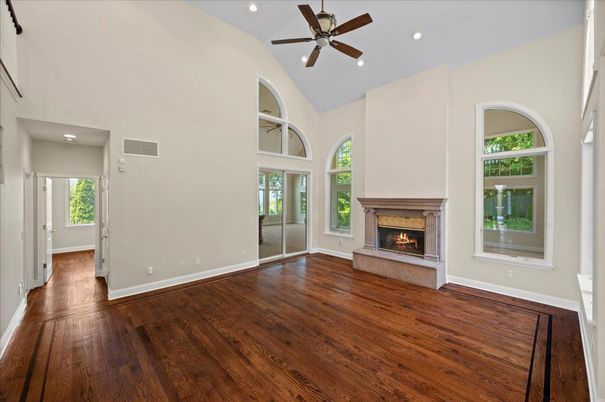 Empty room, Fireplace, Interior, Recessed Lighting, Wood Texture Flooring