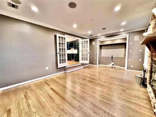 Empty room, Fireplace, Interior, Recessed Lighting, Wood Texture Flooring