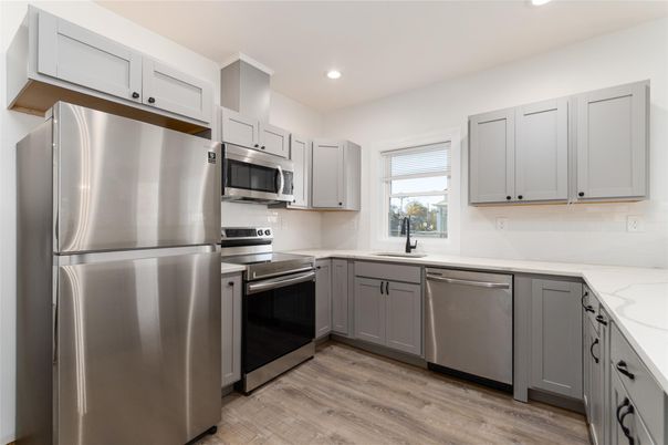 Interior, Kitchen, Recessed Lighting, Stainless Steel Appliances, Wood Texture Flooring