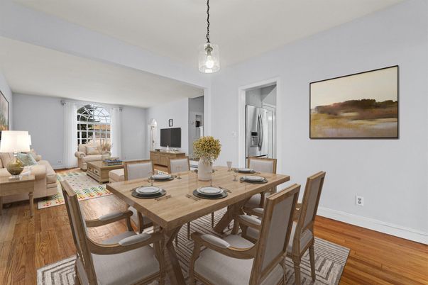 Dining room, Interior, Living room, Pendant Lights, Wood Texture Flooring