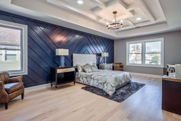 Bedroom, Interior, Pendant Lights, Recessed Lighting, Wood Texture Flooring