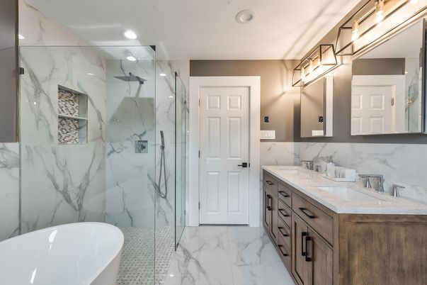 Bathroom, Dual Sink Vanities, Free Standing Baths, Glass Shower, Interior, Marble, Marble Walls, Recessed Lighting