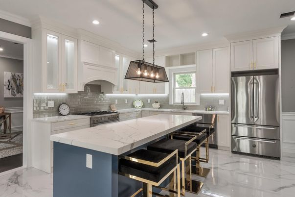 Interior, Kitchen, Marble, Pendant Lights, Recessed Lighting, Stainless Steel Appliances