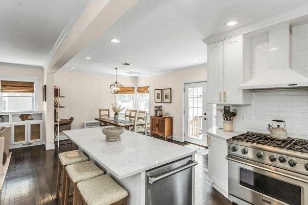 Dining room, Interior, Kitchen, Pendant Lights, Recessed Lighting, Stainless Steel Appliances, Wood Texture Flooring