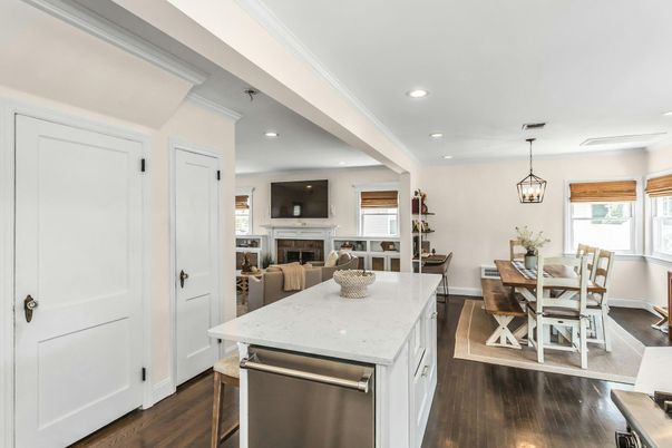 Dining room, Fireplace, Interior, Kitchen, Pendant Lights, Recessed Lighting, Wood Texture Flooring
