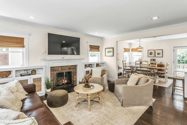 Dining room, Fireplace, Interior, Living room, Pendant Lights, Recessed Lighting, Wood Texture Flooring